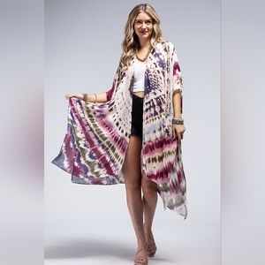 Tie-dye Kimono Maroon Multi Color Swimsuit Coverup / Kimono - Lightweight Silky